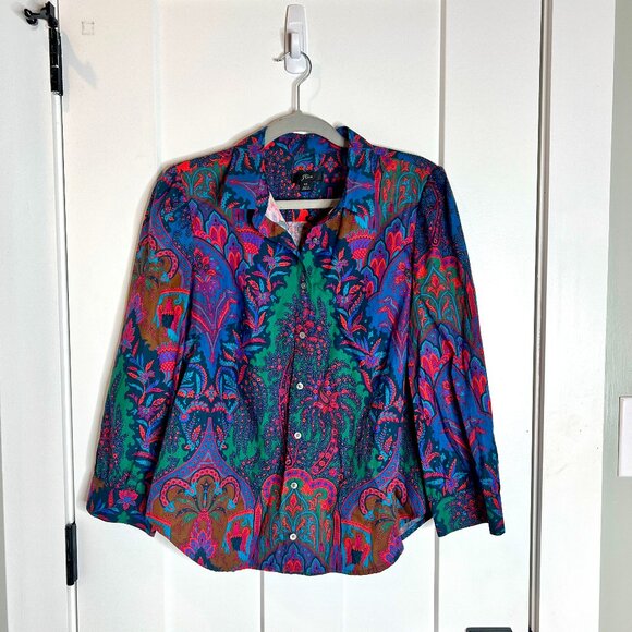 J. Crew Puff Sleeve Button-Up in Ratti Paisley Scarf Print Preppy Colorful Sz 10 - Picture 1 of 5